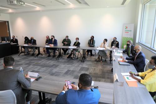 Roundtable discussion with state and local leaders during Durham Tech's announcement. 