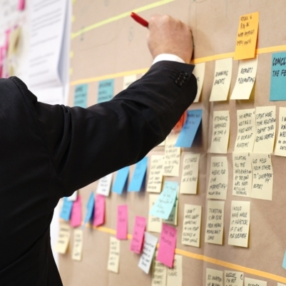 A man in a business suit writing on post it notes scattered across a board on the wall. The post it notes are scribbled on and are organized into groupings of different colors.